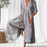 Women Cotton Linen Solid Loose Playsuit Overalls Casual 3/4 Sleeve Offcie Lady Rompers Spring Vintage V Neck Wide Leg