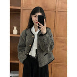 Vintage Tweed Jackets Women Striped Cropped Coat Korean Elegant Single Breasted Loose Casual Chic Short Outwear Tops