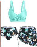Butterfly Flower Print Cinched Padded Three Piece Tankini Women Swimsuit High Waisted Bathing Suits Beach Wear