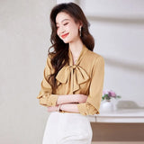 Spring New White Shirt Women Bow Ribbon Elegant Shirts Fashion Womens Tops Satin Female Clothing OL Silk Shirts and