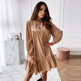 Vintage Ruffled Front Button A-line Dress Long Sleeve Stand Collar Solid Elegant Casual Mini Dress 2020 Autumn New