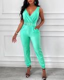 Ladies Summer Sexy V Neck Sleeveless Plain Sleeveless Pocket Design Backless Casual Women's Long Jumpsuits (Without