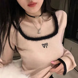 Y2K Cropped Knitted Pullovers Women Square Collar Patchwork Sweater Korean Elegant Slim Knitwear Casual Chic Jumpers