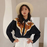 Deer Embroidered Long Sleeve Shirt Vintage Button Up Collar Dark Green Shirt For Women Designers Tops And Blouses