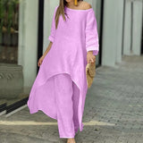 Loose Suits Casual Women Autumn 2 Piece Sets Fashion Long Sleeve O Neck Irregular Long Tops + Straight Pants Ladies