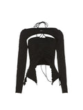 Women T-Shirt Korean Girl Y2k Summer 90s Gothic Black Fashion Vintage Sexy Camisole Two Piece Set Long Sleeve Top Funny T