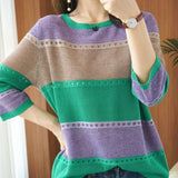 Autumn Classic Striped Print Loose Casual Sweater Women 3/4 Sleeve Hollow Out Knitting Pullover Elegant All-match