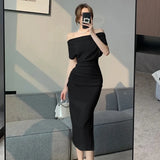 Temperament Celebrity Wind Sexy Strapless Oblique Collar Dress Female Spring and Summer Slim Open Package Hip Long