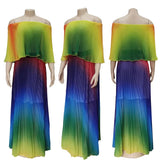 Shoulder Rainbow Color Elegant Women Dress Chiffon Summer Maxi Dress A-line Floor Length Femme Pleated Dress 2019