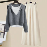 Winter Women Clothing Korean Casual Vest+knitted Sweaters+wide Leg Knitting Wide Leg Pants Sets Ladies Warm Knitwears