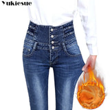 autumn high waist winter warm thick ladies jeans woman button fly legging pencil pants jeans clothes stretch women