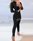 Warm Solid Long Sleeve Slit Knitted Sweater With Skinny Long Pants Suit Women's Elegant 2 Piece Outfits Sets