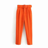 Solid Women Suit Pants Office Lady Empire Waist Belt Trousers Elagant Sashes Casual Chic