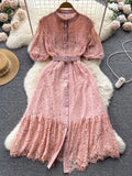 Women Lace Party Long Dress Vintage O-Neck Puff Short Sleeve High Waist Single Breasted A-Line Elegant Vestidos