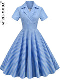 Women Summer Striped Print Party Flare Dress Robe Femme Retro Vintage Swing Prom Rockabilly Midi Dresses Vestidos
