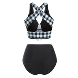 Checkered Criss Cross Tied Button Embellished Tankini Swimwear Padded Bikinis Set Wire Free Plunging Neck For