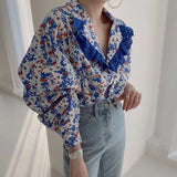 Spring 2022 Floral Lantern Sleeve Korean Fashion Blouse Women Long Sleeve Top Lapel Blue Black Loose Shirt