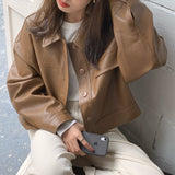 Chic PU Leather Jacket Women Solid Long Sleeve Single Breasted Short Coat Ladies 2020 Winter New Leather