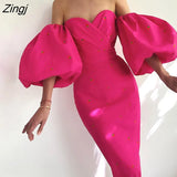 Strawberry Floral Print Short Puff Sleeve Dress Women Sexy Strapless Party Club Bodycon Dresses Ladies Pleated