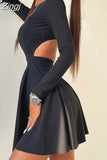 Casual Long Sleeve Solid Pleated Black Dress Hollow Out Basic Harajuku Korean Fashion Sexy Dress Autumn Mini