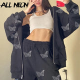 90s Streetwear Butterfly Print Rhinestone 2 Piece Tracksuits Y2K Fashion Oversized Zippper Hoodies Sweatpants Co-ord