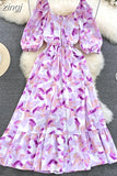 Women Printed Long Dress Vintage V-Neck Puff Short Sleeve A-Line Slim Vestidose Female Elegant Casual Robe New