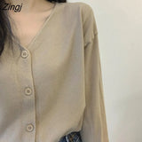 Women Elegant Soft Autumn Chic Ulzzang Basic V-neck Ladies Outerwear Single Breasted Vintage Simple Mujer Sweaters