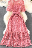 Hollow Out Lace Long Dress Women Sexy O-Neck Short Sleeve High Waist A-Line Vacation Beach Vestidos Female With Belt