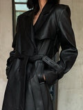 Spring Autumn Long Black Soft Pu Leather Trench Coat for Women Belt Double Breasted Cool Handsome European Fashion