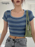 Striped Ribbed T Shirt Women 2022 Summer Grunge Tie Dye Crop Tops Sexy Slim Short Sleeve Tees Streetwear Y2k