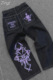 Retro Skull Graphic Jeans Men Y2K New Street Hip Hop Trend Joker Straight Pants Couple Casual High Waist Mopping