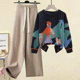 Winter 2 Piece Sets Womens Outfits Office Ladies Oversized Knitted Swerter And Wide Leg Pants Suits Knitting Two Piece