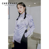 Vintage Purple Puff Sleeve Blouse Women Long Sleeve Frog Stand Collar Asymmetrical Ruched Top Oblique Button Up