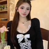 Women's Elegant Long Sleeve Crop Tops Bowknot Lace Patchwork Sweetheart Neckline Spring Fall Casual Slim Fit
