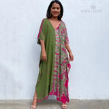 Printed V-neck Batwing Sleeve Side Split Loose Dress For Women Clothes Plus Size Beachwear Maxi Dress