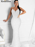 Sexy White Crystal Diamond Maxi Dress New Women Strap Backless Bodycon Party Clubwear Long