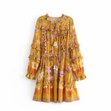 Queens Vintage Women Floral Print Long Sleeve V-neck Ruffles Tassel Beach Bohemian Dresses Rayon Mini Boho Dress
