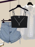 Women Streetwear Harajuku Y2k Outfits 3 PCS Sets Chain Vest+long Sleeve Sunscreen+wide Leg Hollow Out Denim Pant