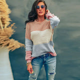 Knitted Stripes Loose Crew Neck Pullover Sweater 2022 Autumn Winter Women's Clothing Casual Long Sleeves Cover Up