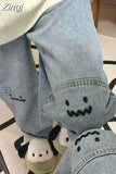 Embroidery High Waist Straight Denim Wide Leg Pants Ankle-Length Japan Style Jeans Women Harajuku Y2k Summer
