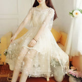 and summer super fairy fairy long dress elegant short-sleeved pure color O-neck applique elegant and sweet fairy