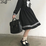 Gothic Lolita Dress Women Japanese Sweet Bow Kawaii Long Sleeve Dresses Summer Preppy Style Sailor Collar Party