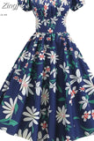 Dress Women Puff Sleeve Swing Vintage Dresses Robe Femme Elegant Floral Print Pin Up Party Dresses