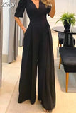 Women Jumpsuit Puff Short Sleeve V Neck Backless Nipped Waist Loose Wide Legs Casual Pants Romper High