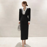Vintage Party Midi Dress Long Sleeve lace collar Solid Casual Elegant Dress 2020 Spring New Fashion