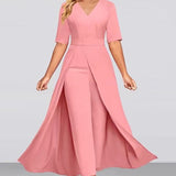 Office Lady Jumpsuit Patchwork V Neck 2023 New Summer Lace Up Women One Piece Long Trousers Solid Overalls