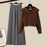 Winter Thick Knit Two Piece Sets Women Outfits Ladies Elegant Twist Knitted Sweater And Wide Leg Pant Sets Women