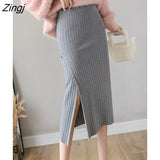 2022 Fashion Winter Warm Knit Midi Long Pencil Skirt Women Korean Style Mid-Length High Waist Side Slit Skirt