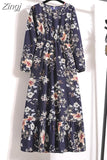 Women Elegant Floral Printed Long Dresses Spring Summer Casual O Neck Long Sleeve Ladies Chic High Waist A Line Beach