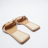 ZARZ Sandals Women's Flat Bottom 2022 Summer New Leather Cross Decoration Flat-Heeled Sandals Beige Lazy Slippers Women
